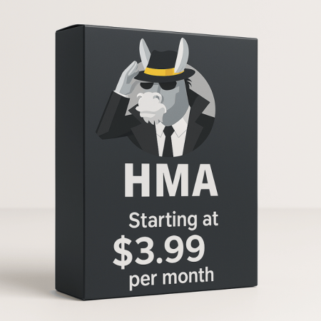 Cartoon donkey in a suit and hat saluting on the box. Text reads: "HMA VPN Pro Starting at $3.99 per month.