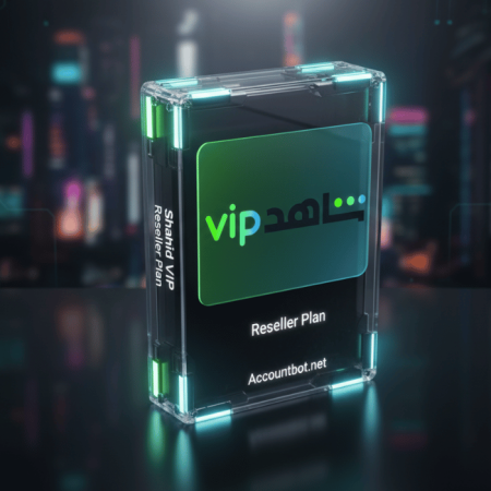 A digital display case features a "Shahid VIP Reseller" card and the website "Accountbot.net" set against a blurred, neon-lit city background, showcasing the exclusive Shahid VIP Reseller offering.