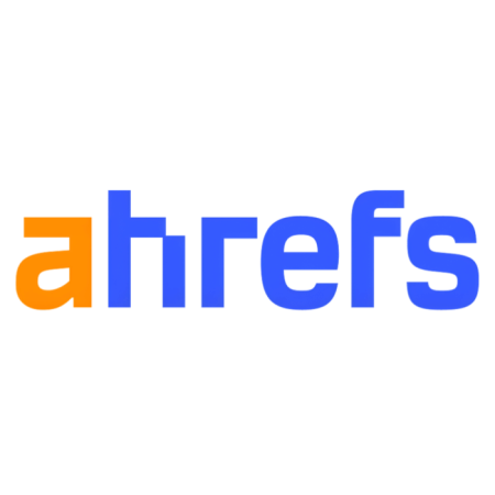 The Ahrefs logo displays the product name with an orange "a" and blue "hrefs" in a bold, modern font on a light background.