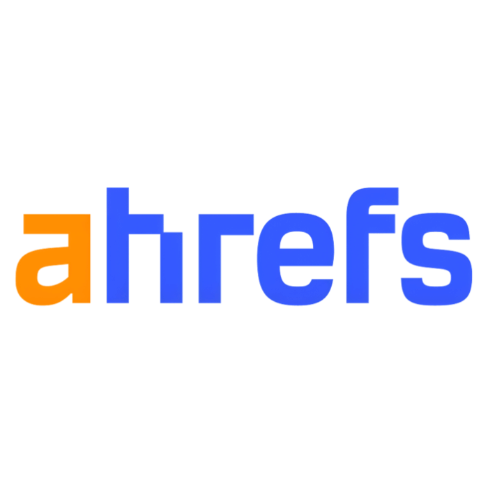 The Ahrefs logo displays the product name with an orange "a" and blue "hrefs" in a bold, modern font on a light background.
