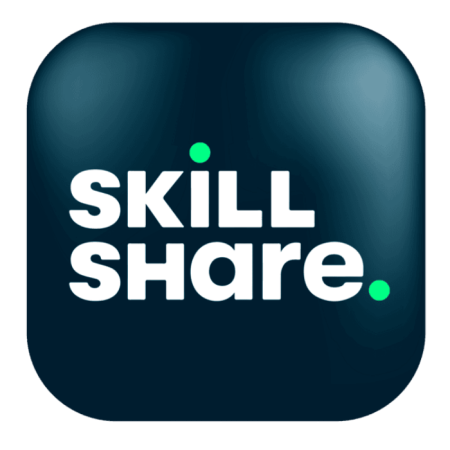 The Skillshare logo displays "SKILLSHARE" in bold white letters on a dark blue rounded square, with green dots above the "I" and after "SHARE".