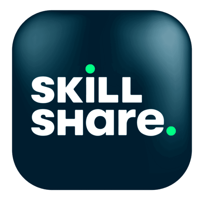 The Skillshare logo displays "SKILLSHARE" in bold white letters on a dark blue rounded square, with green dots above the "I" and after "SHARE".