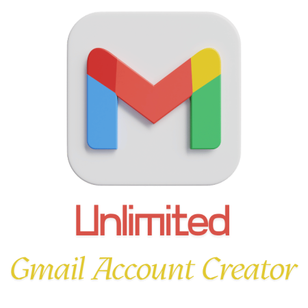 A stylized Gmail logo sits above "Unlimited Gmail Account Creator" in red and yellow on a white background, showcasing the Unlimited Gmail Account Creator tool.