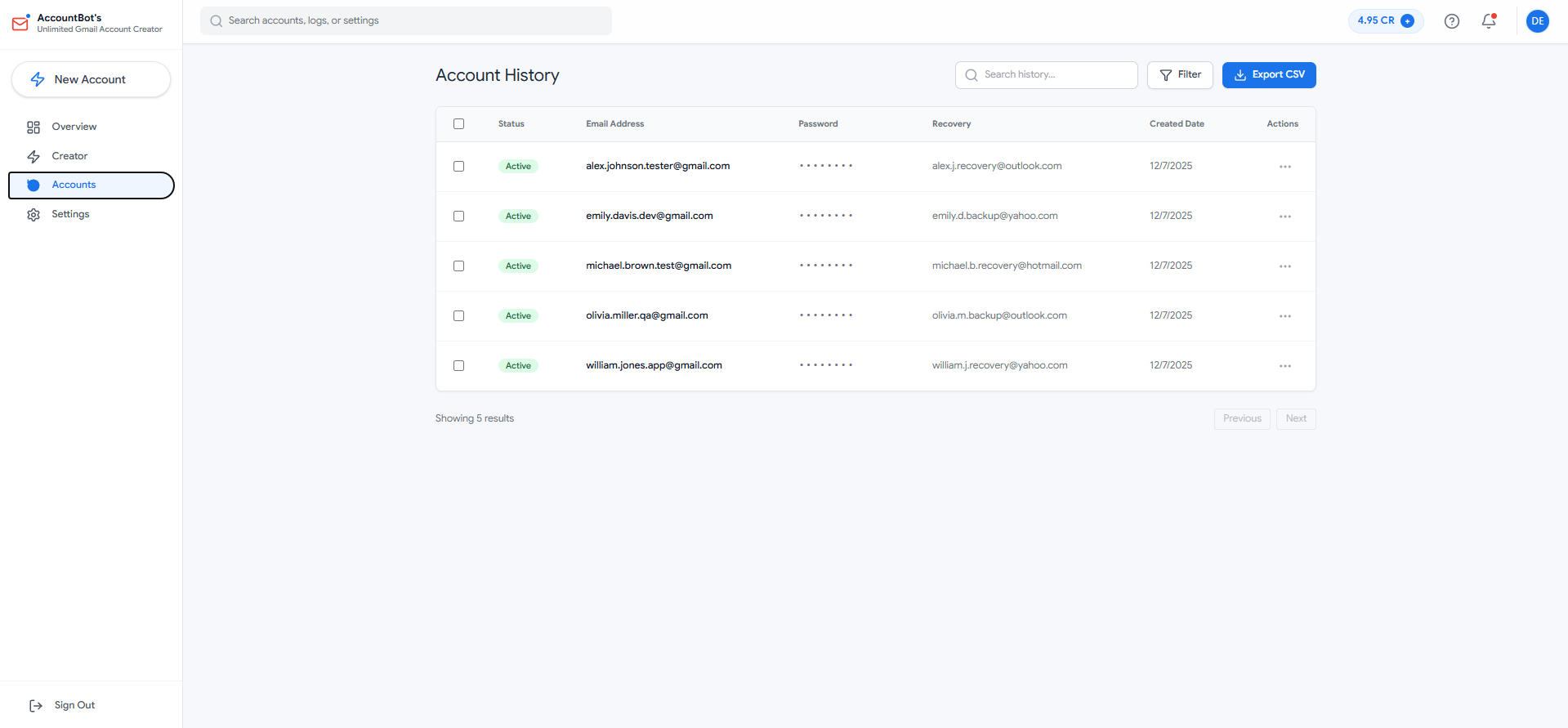 The Unlimited Gmail Account Creator features a dashboard with an account history table showing user emails, recovery emails, account status, creation dates, and export/filter tools. The "Accounts" tab is active for easy data management.