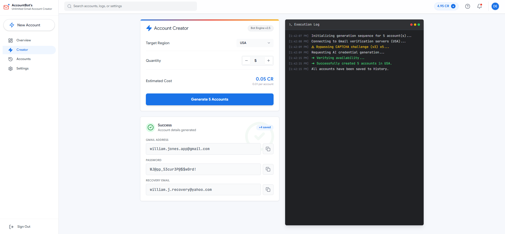 A web interface shows Unlimited Gmail Account Creator with unlimited Gmail accounts on the left and a log of green status messages on the right.