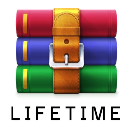 Three stacked books in red, blue, and green bound by a brown belt, with "WinRAR Lifetime" written below.