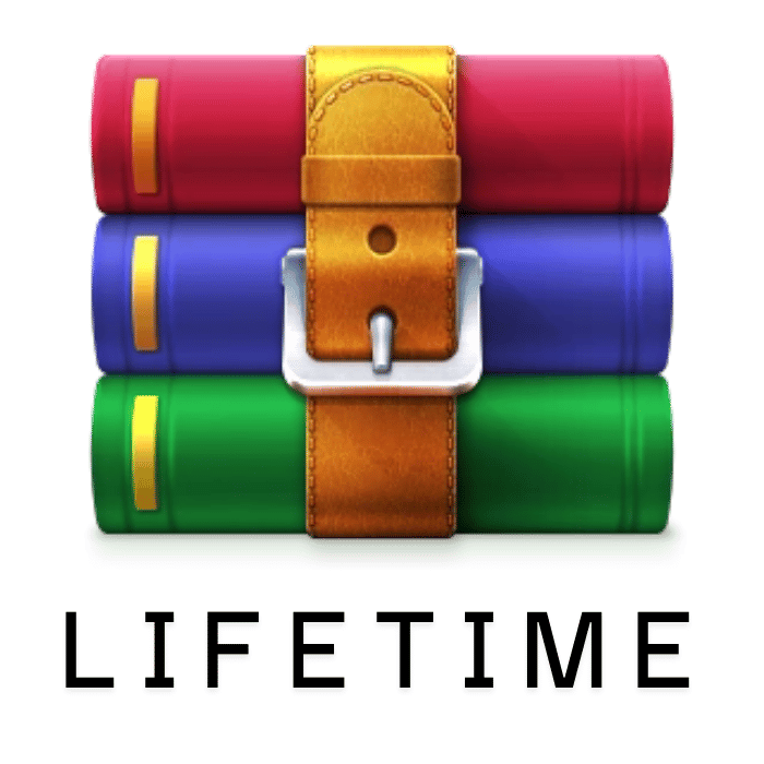 Three stacked books in red, blue, and green bound by a brown belt, with "WinRAR Lifetime" written below.