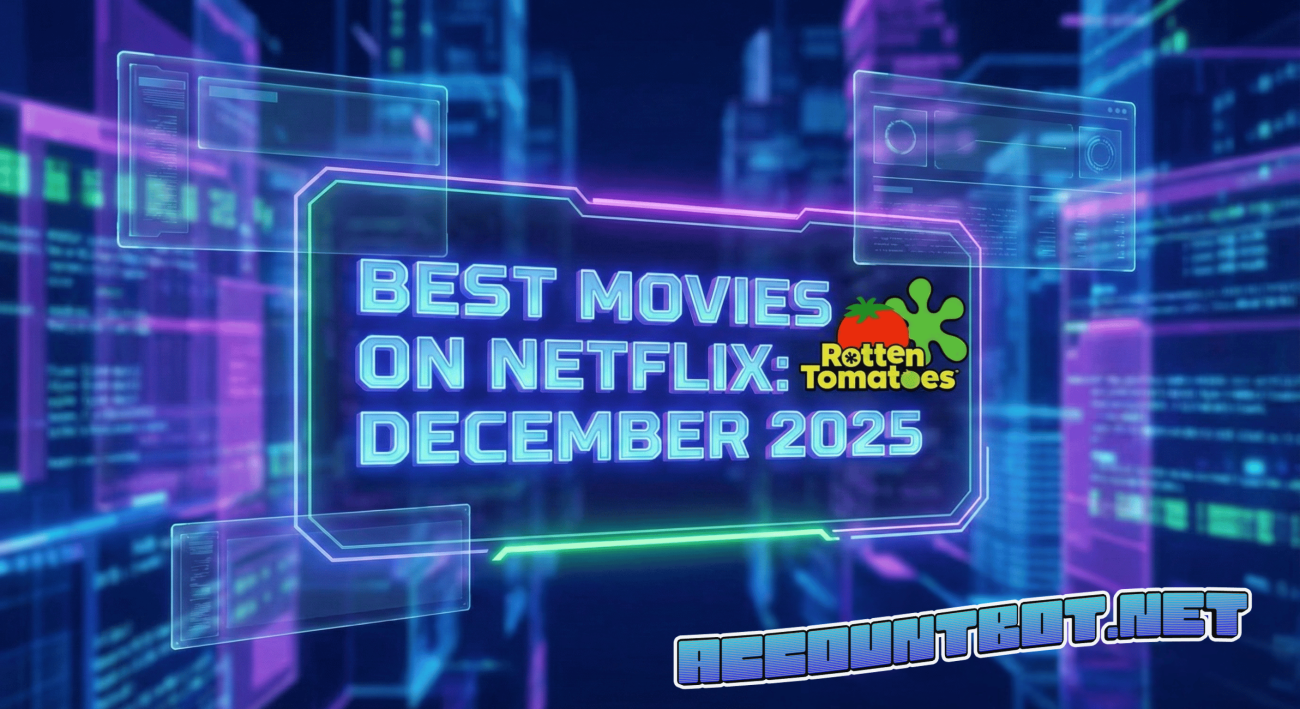 Futuristic digital graphic with text: "Best Movies on Netflix December 2025" and the Rotten Tomatoes logo, plus "accountbot.net" in the corner.