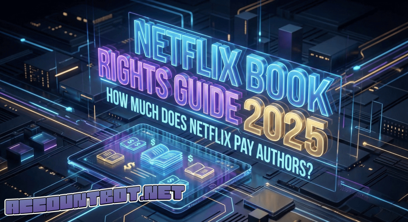 A digital graphic featuring the text “Netflix Book Rights Guide 2025: How Much Does Netflix Pay Authors?” with an open book icon, set against a futuristic, circuit-like background that highlights Netflix book rights.