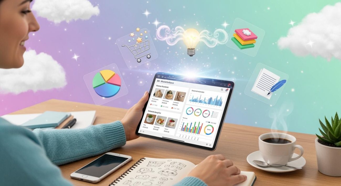 A woman uses a tablet at a desk with a notebook, phone, and coffee; digital icons for charts, shopping, notes, and books float above the tablet against a colorful background.