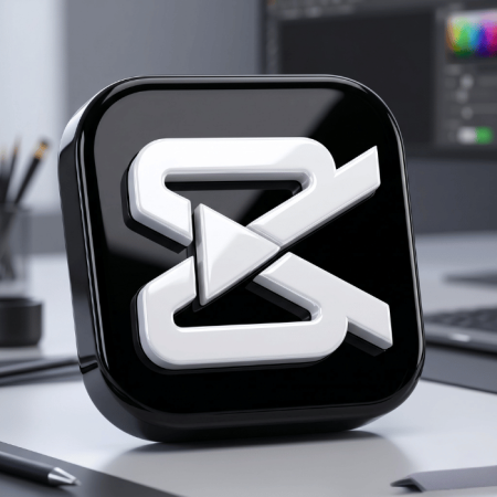 A 3D-rendered black and white CapCut Pro logo sits on a desk in front of a blurred computer monitor and office supplies.