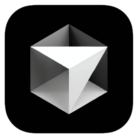 Cursor, featuring a grayscale geometric cube with triangular faces, is centered on a black background.