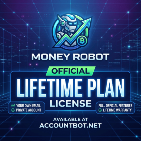 Money Robot - Lifetime Plan graphic showcasing advanced features, with official Lifetime Plan license available at accountbot.net.