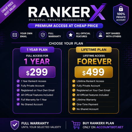RankerX offers a comparison chart displaying two plans: a 1-year plan at $299 and a lifetime plan at $499. Both plans include full features, private accounts, and warranties.
