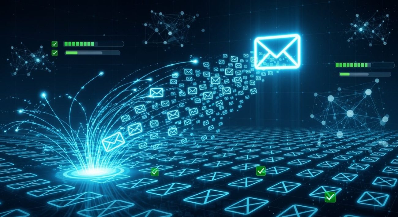 Digital graphic showing glowing email icons being sent across a grid, with checkmarks and network connections, representing electronic mail communication and data transfer.