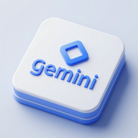 A white square Gemini button with rounded corners features the blue Gemini logo and the word “Gemini” embossed on top, set against a light background.