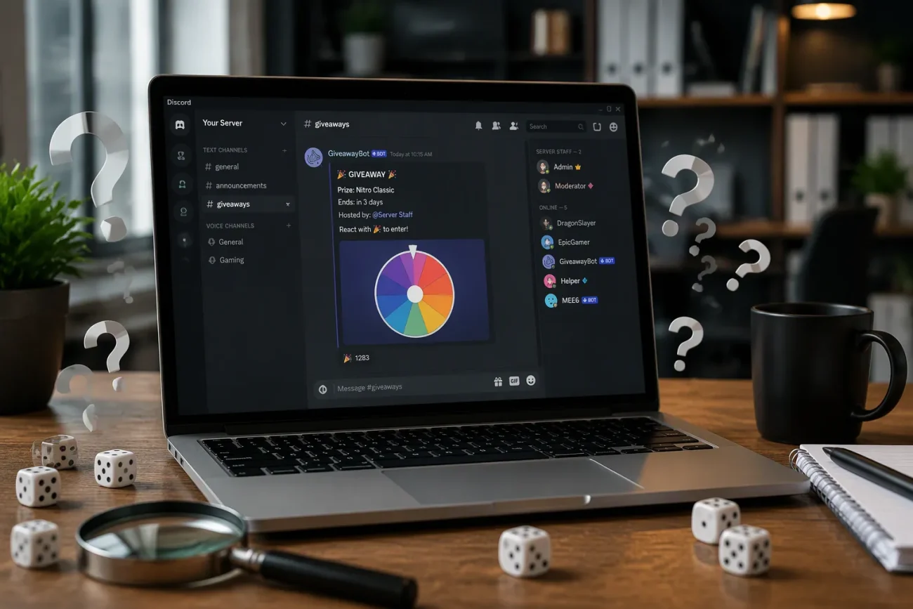 A laptop on a desk displays a Discord giveaway screen with a prize wheel. The desk has dice, a magnifying glass, a notebook, a mug, and question mark graphics in the air.