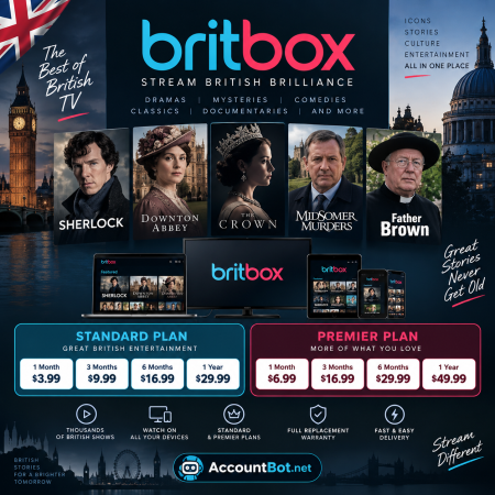 Ad for BritBox streaming service featuring popular British TV series such as Sherlock and Downton Abbey. Highlights both Standard and Premier plan pricing and features. AccountBot.net logo displayed at the bottom.
