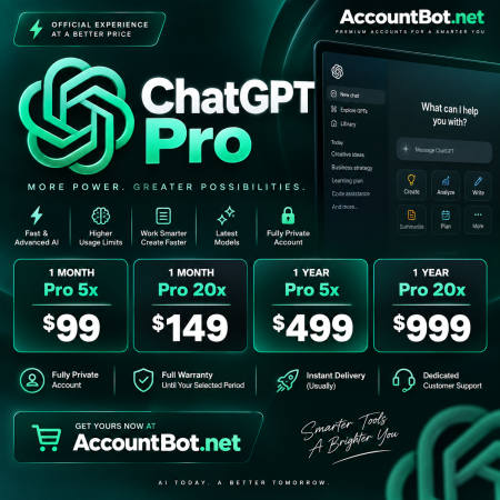 ChatGPT Pro pricing chart from AccountBot.net displays monthly and yearly plans, featuring instant delivery, full warranty, and private account access.