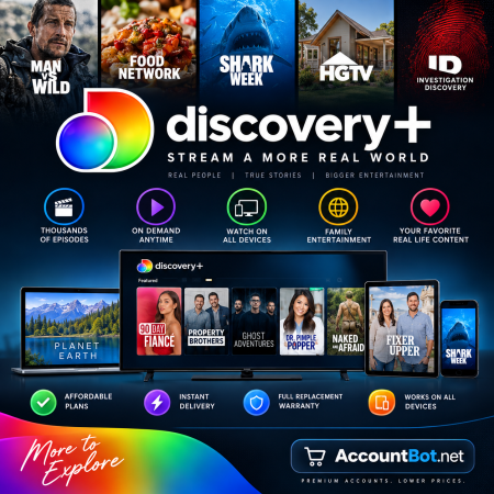 Discovery+ promotional image showcasing popular shows, multiple viewing options, device compatibility, and features such as on-demand access, family-friendly entertainment, and affordable subscription plans.