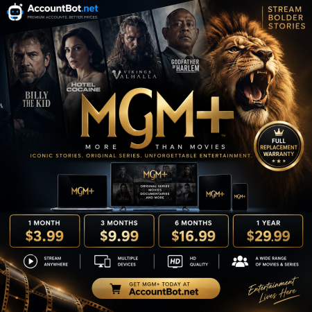 MGM+ streaming advertisement featuring images from TV shows and movies, subscription prices, and a prominent AccountBot.net promotion at the top.