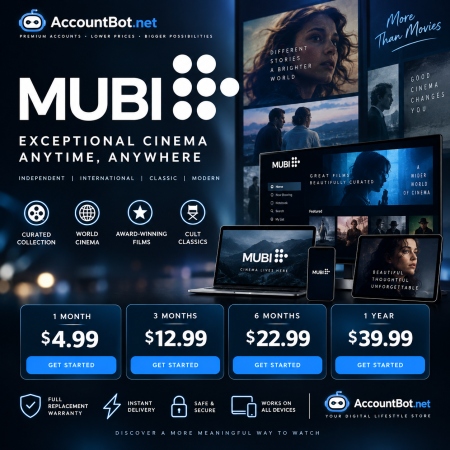 MUBI showcases its subscription plans and features, displaying images of films streaming on multiple devices while emphasizing curated cinema selections, worldwide accessibility, and flexible monthly or yearly pricing.
