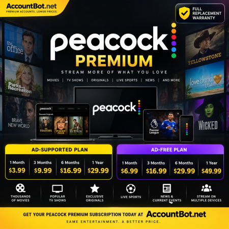 Peacock Premium plans comparison chart showcasing both ad-supported and ad-free pricing options, highlighted with device images and colorful TV show artwork in the background.