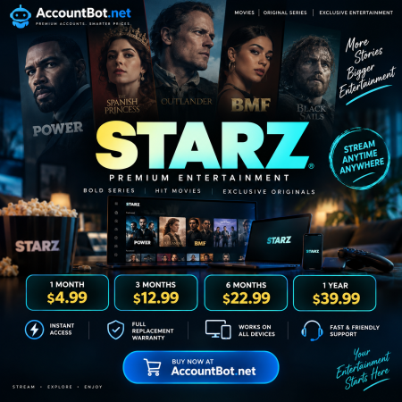 Advertisement for STARZ via AccountBot.net showcasing STARZ subscription prices, popular series, device support, instant activation, and key features—all presented on a sleek dark-themed background.