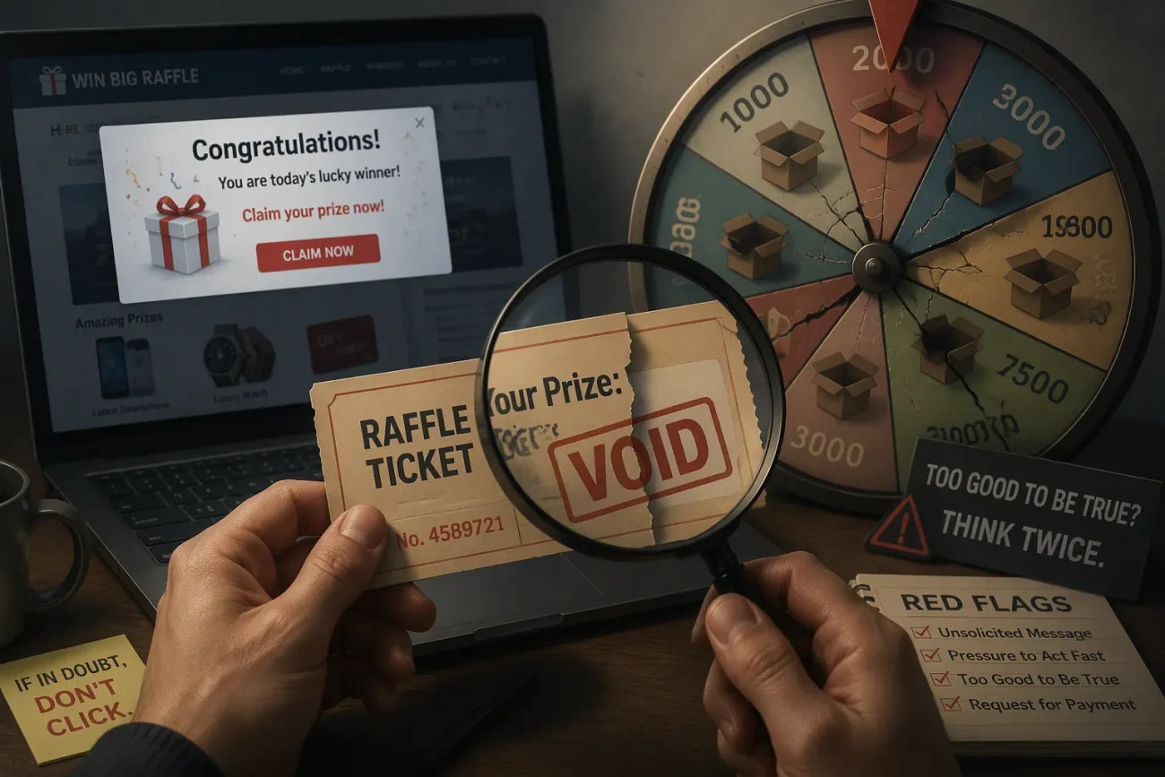 A person examines a raffle ticket marked “VOID” with a magnifying glass. A laptop shows a fake prize notification, and a wheel and warning signs about scams are visible on the desk.